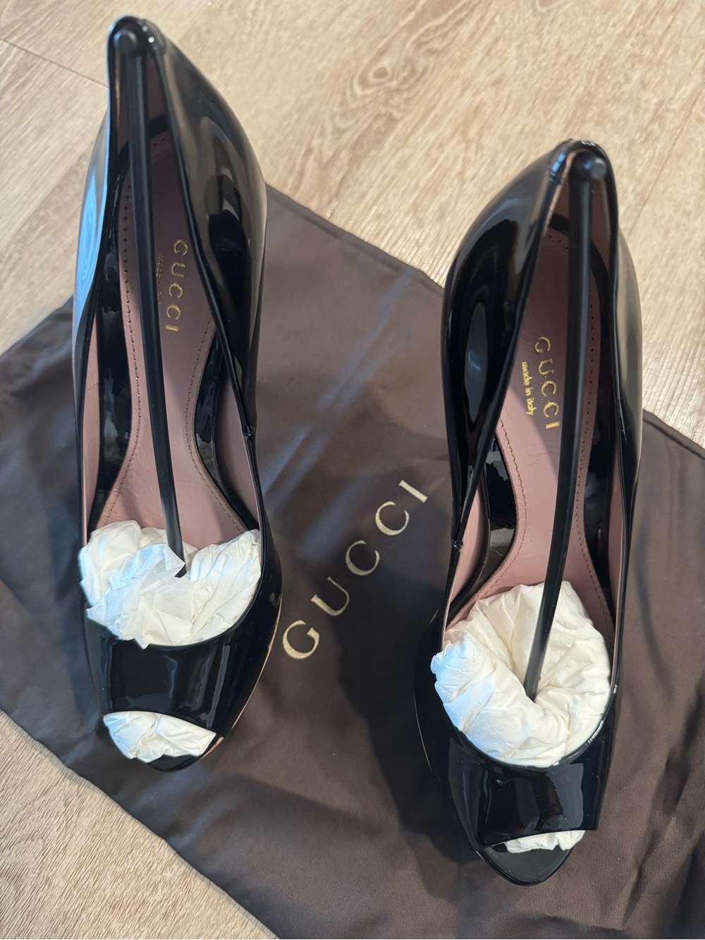 Gucci Black Patent Leather Peep-Toe Stiletto Pumps